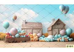 Wood House With Balloon babyphotoshoot Backdrop