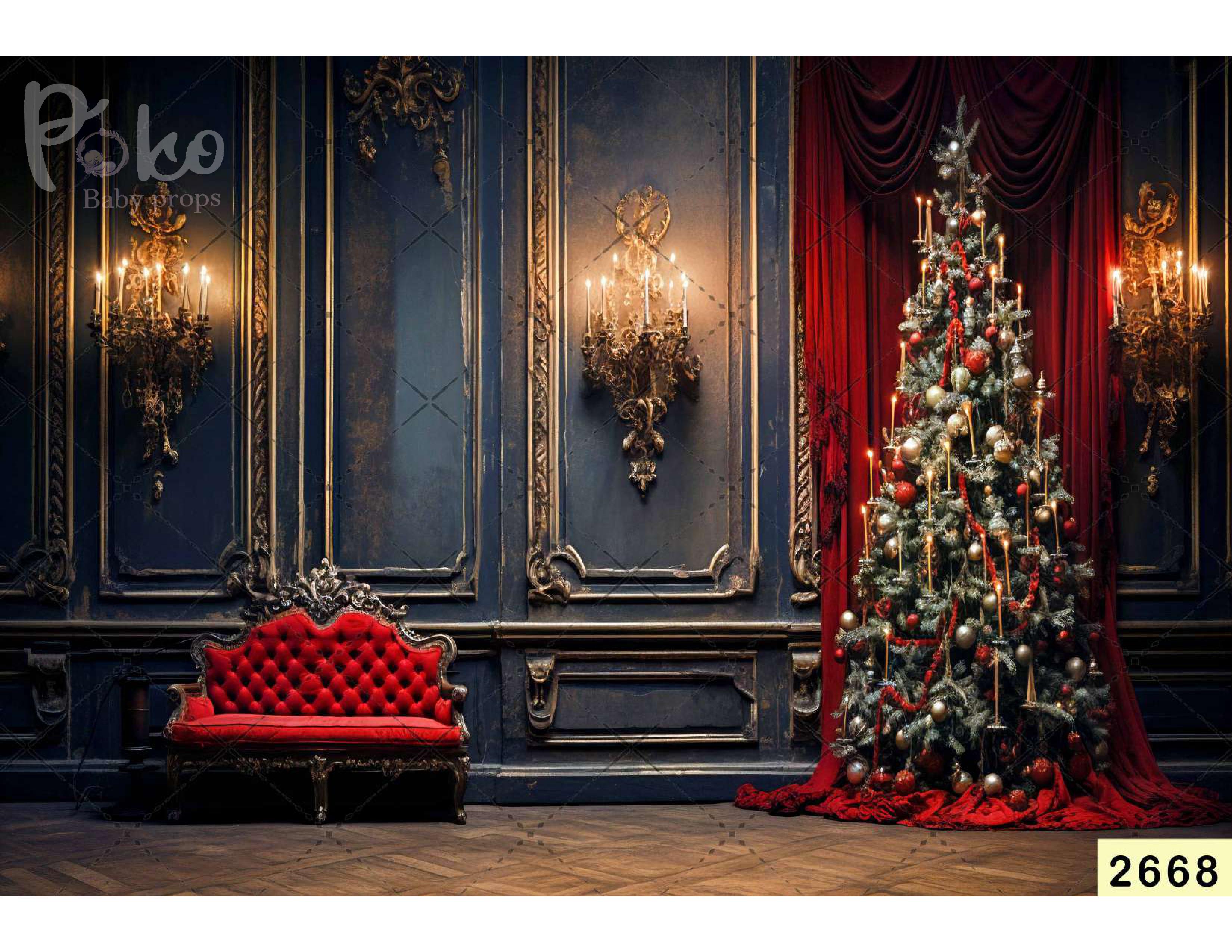 Red Sofa With Xmas Tree Backdrop