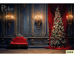 Red Sofa With Xmas Tree Backdrop