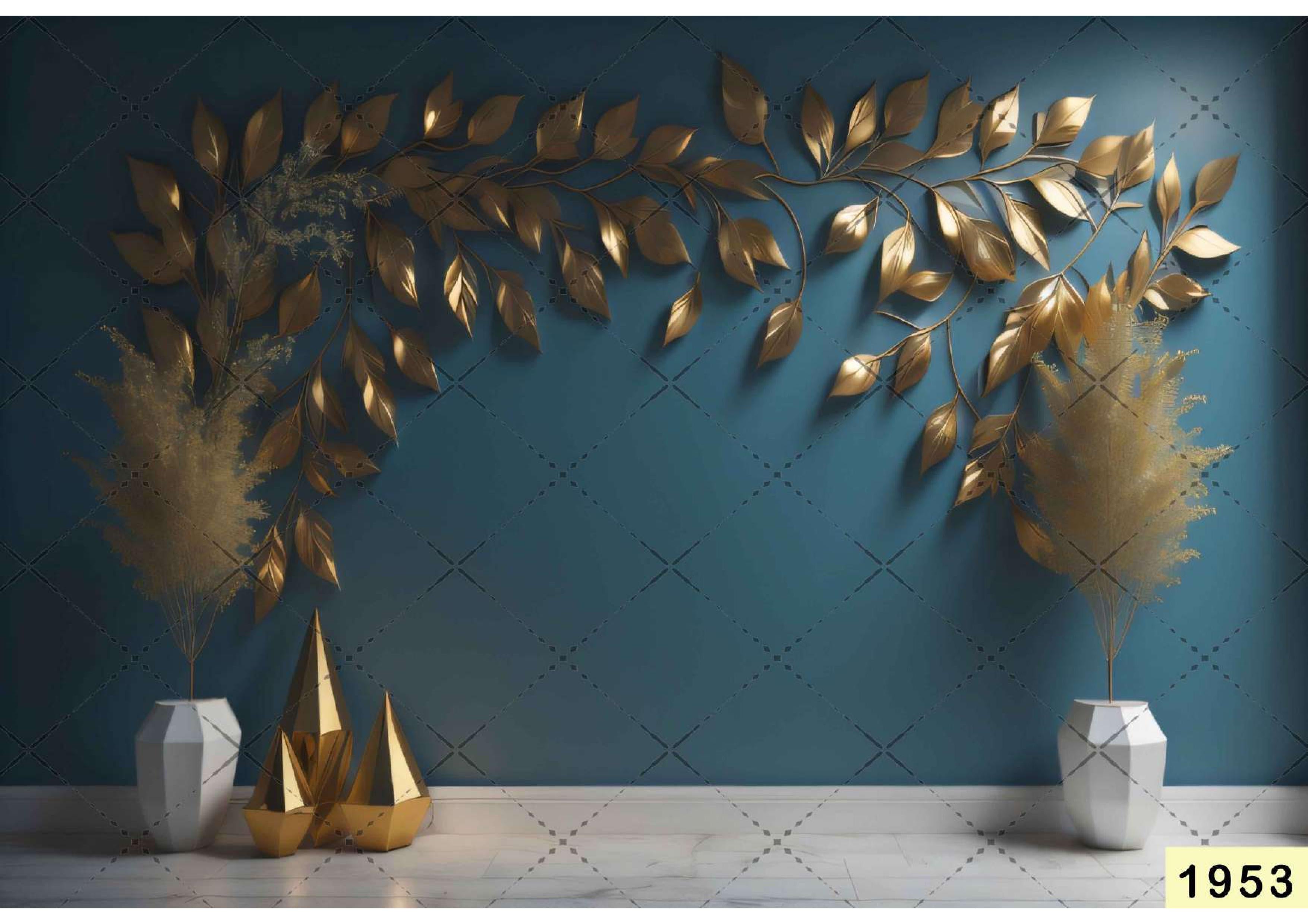 Blue Wall With Golden Leaf babyphotoshoot Backdrop