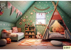 Peach Green Color Tent With Toys Backdrop