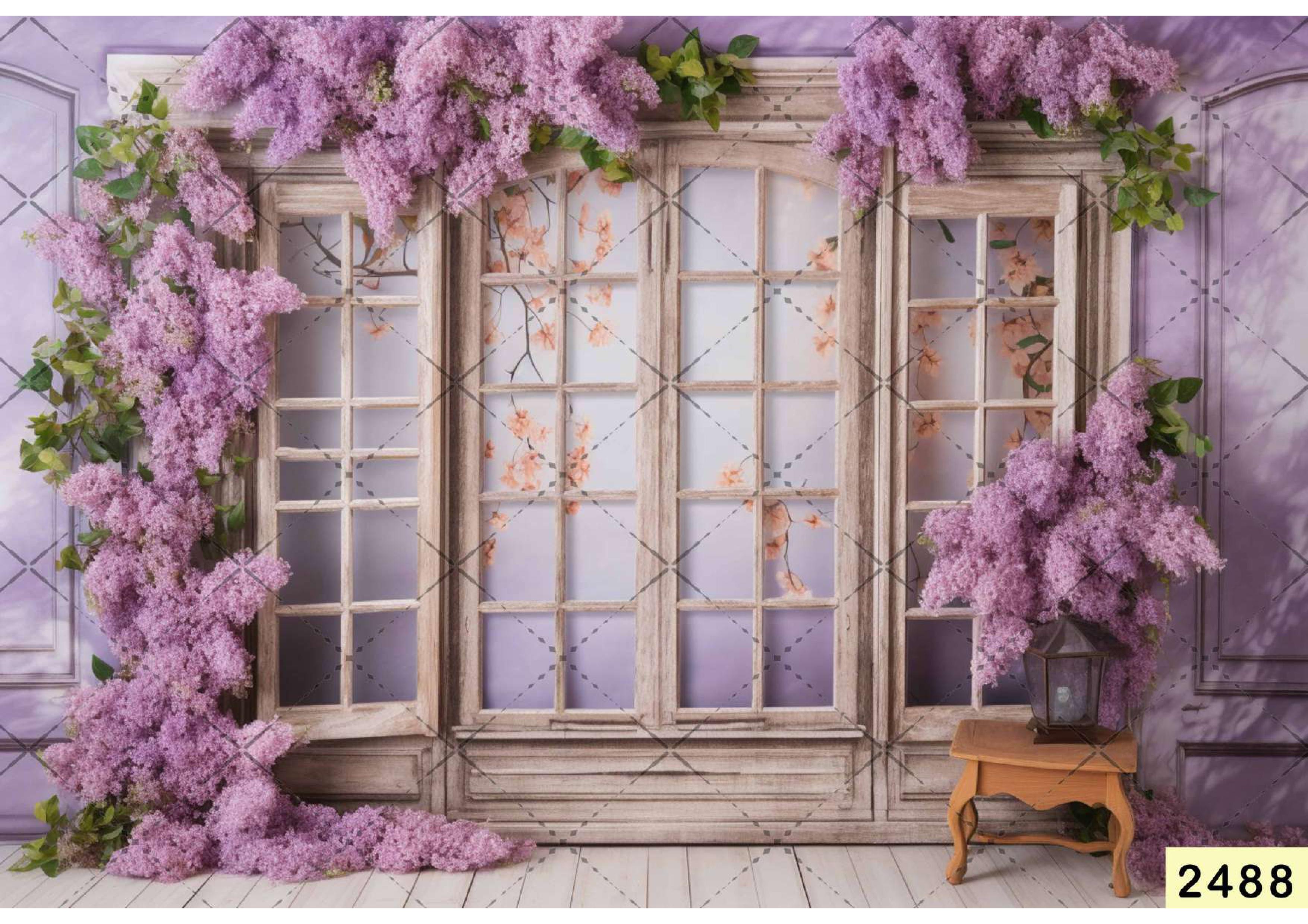 babyshoot backdrop A window with lilac flowers and a table with a chair Backdrop