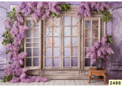 babyshoot backdrop A window with lilac flowers and a table with a chair Backdrop