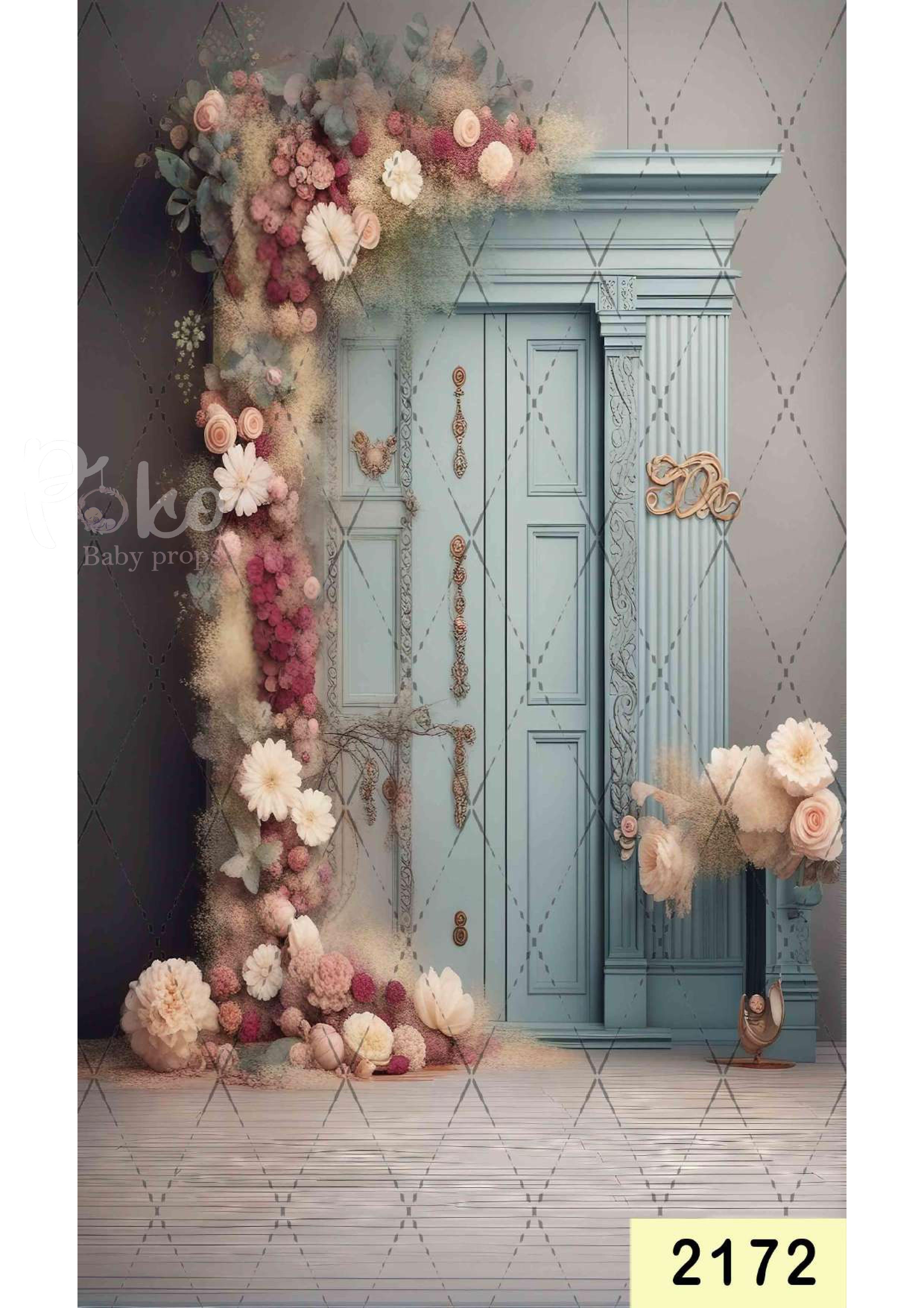 Peach Floral With Blue Door Backdrop