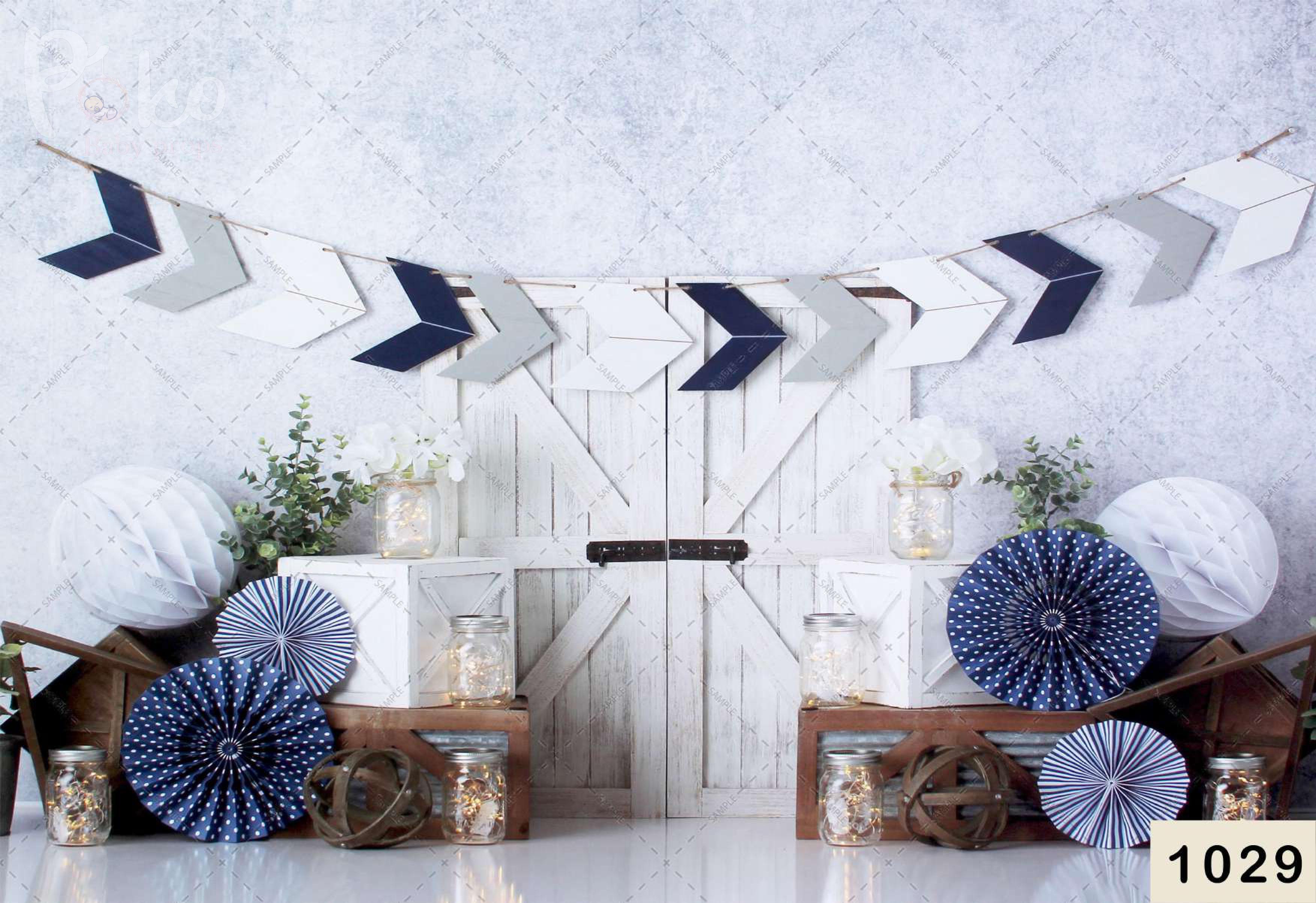 Blue And White Door babyphotoshoot Backdrop