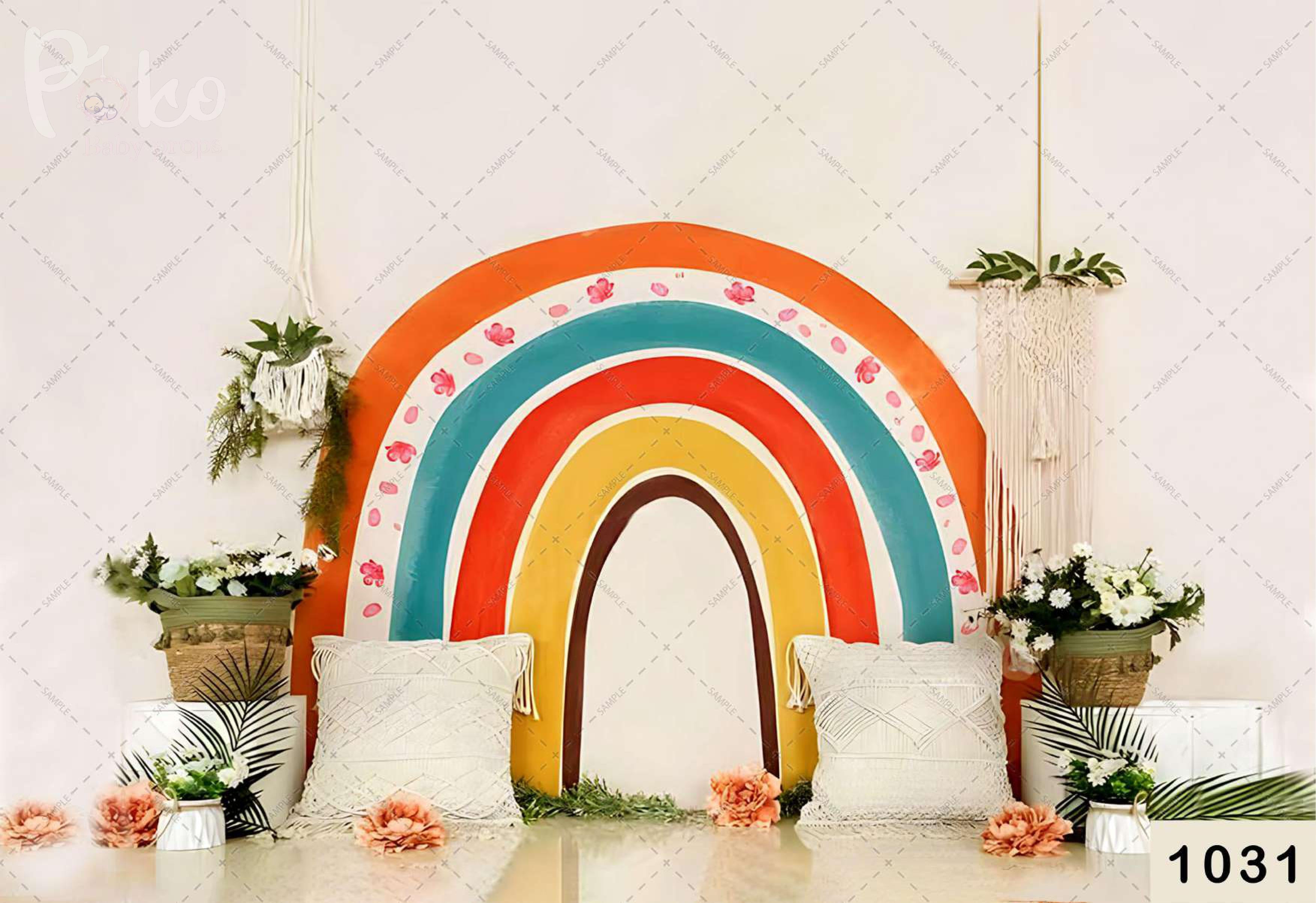 Rainbow With White Flower Backdrop-Fabric Backdrop