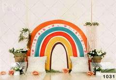 Rainbow With White Flower Backdrop-Fabric Backdrop