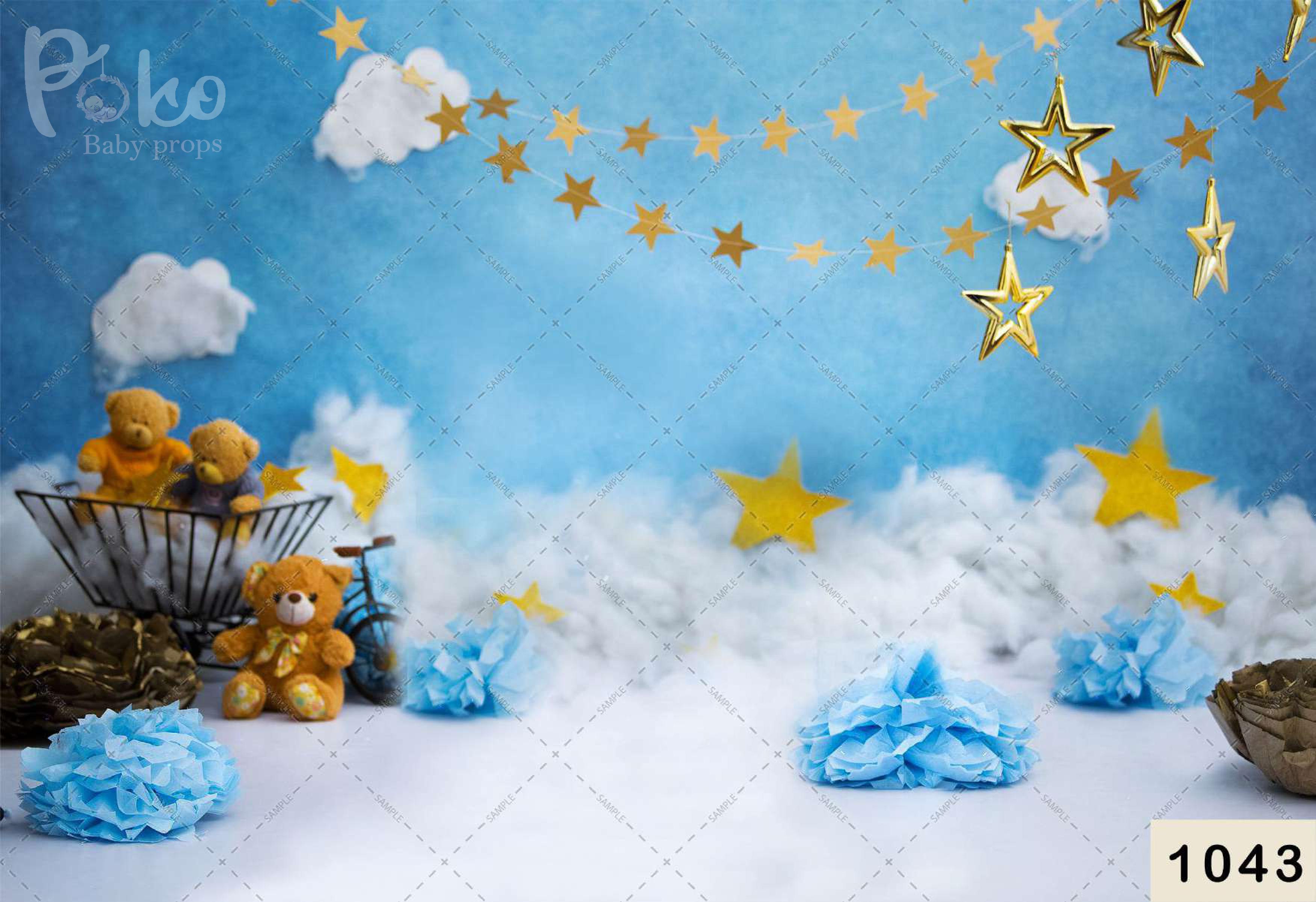 Cloud Stars With Teddy babyphotoshoot Backdrop