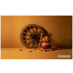 Wheel with pot and flute backdrop - Fabric Backdrop