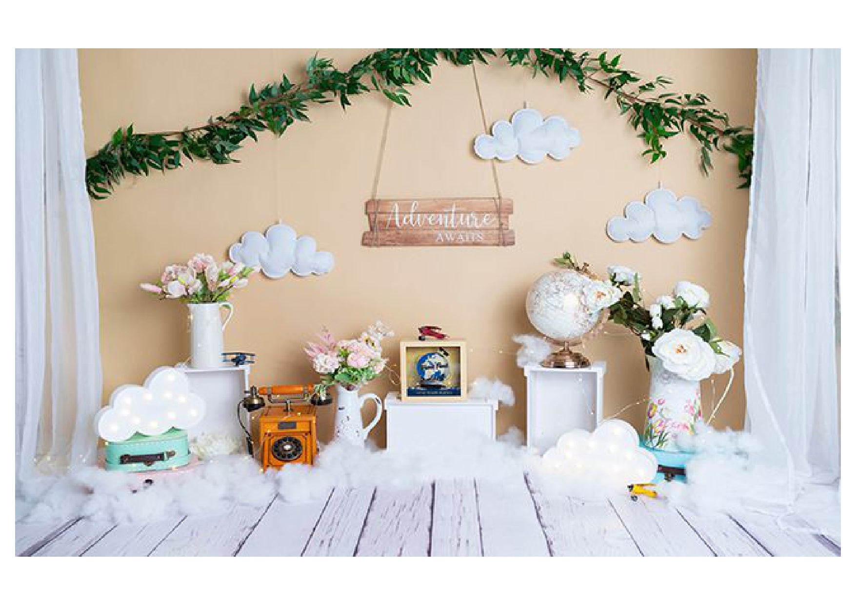 Wooden Floor White Curtain Soft Clouds Backdrop