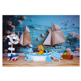 The white and blue wooden rowboat sits in the center, showing the plush sailor bear.