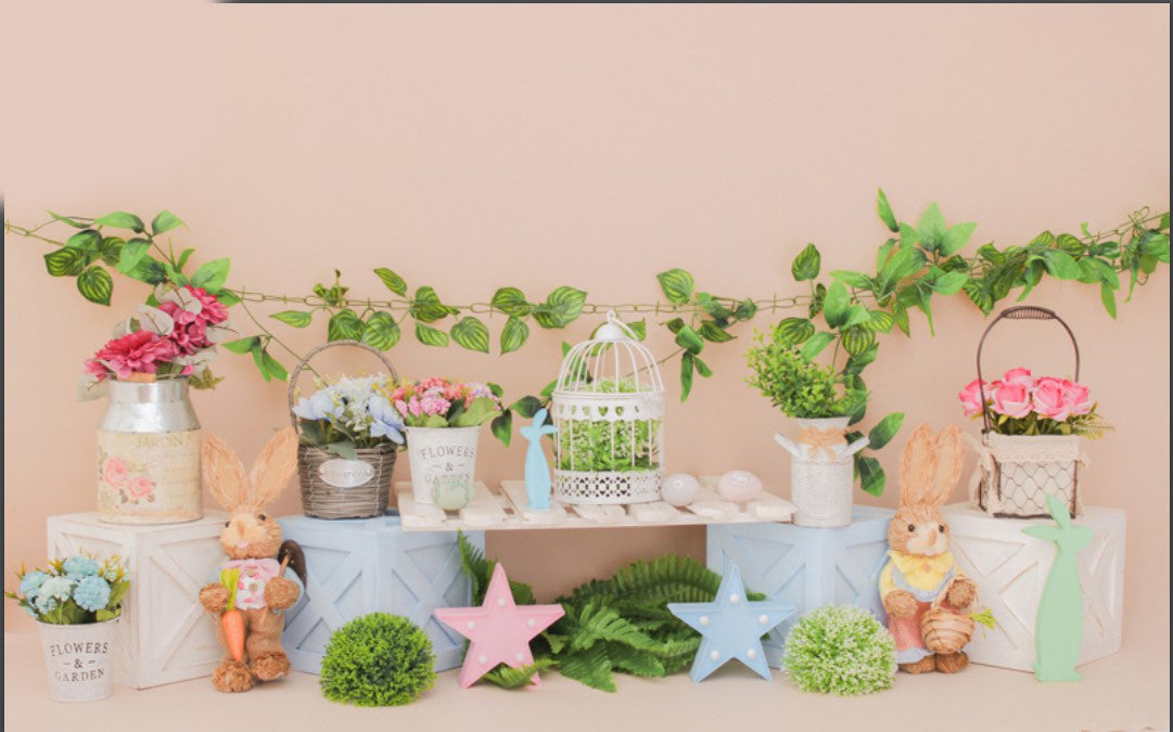 Bunny Stars With Flowers leaves Backdrop