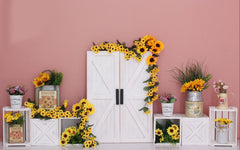 Wooden Door With Sunflower Setup Backdrop-Fabric Backdrop