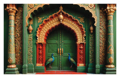 Green palace door with peacock - Fabric Backdrop