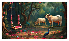 Cow with swing and peacock backdrop - Fabric Backdrop
