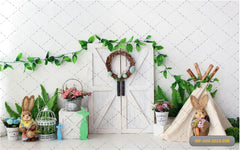 Easter Bunny With Leaf Backdrop-Fabric Backdrop