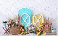 Blue And Yellow Door with Flowers Backdrop-Fabric Backdrop