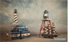 Lighthouse With Lamp Boat Backdrop-Fabric Backdrop