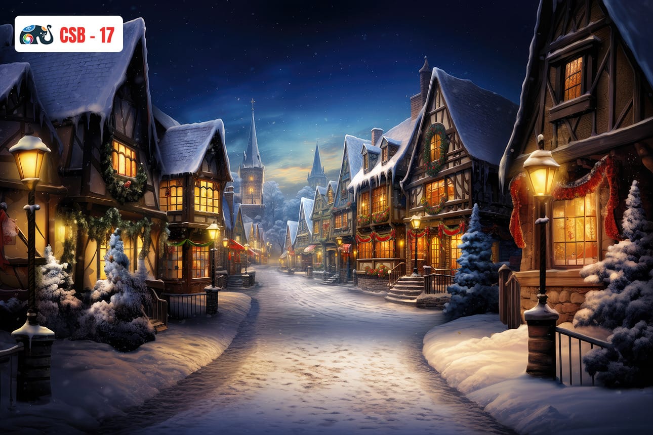 Village City Christmas Snow Backdrop