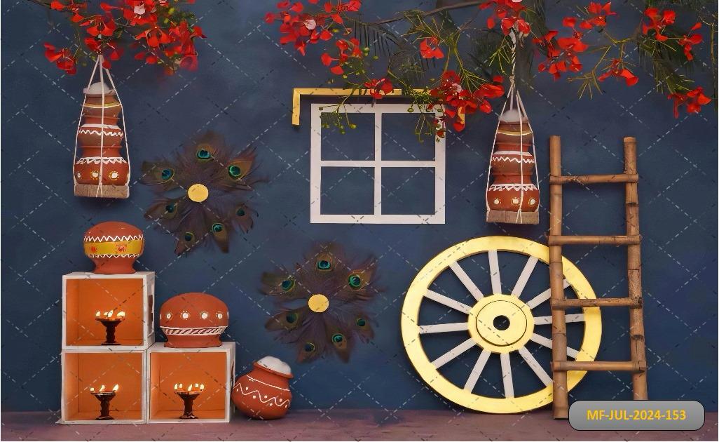 Red Flower And Wheel With Blue babyphotoshoot Backdrop