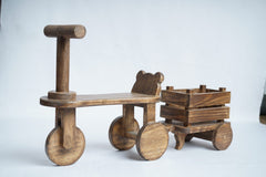 Wooden tricycle baby photography prop with wagon.