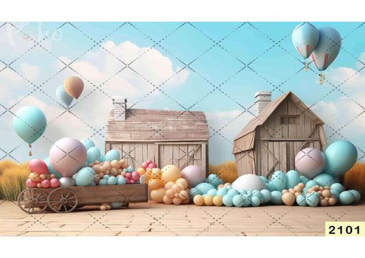 Fabric backdrop-Wood House With Balloon Backdrop
