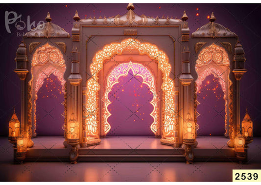 Fabric backdrop-Islamic Purple Entrance Yellow Lamp Backdrop