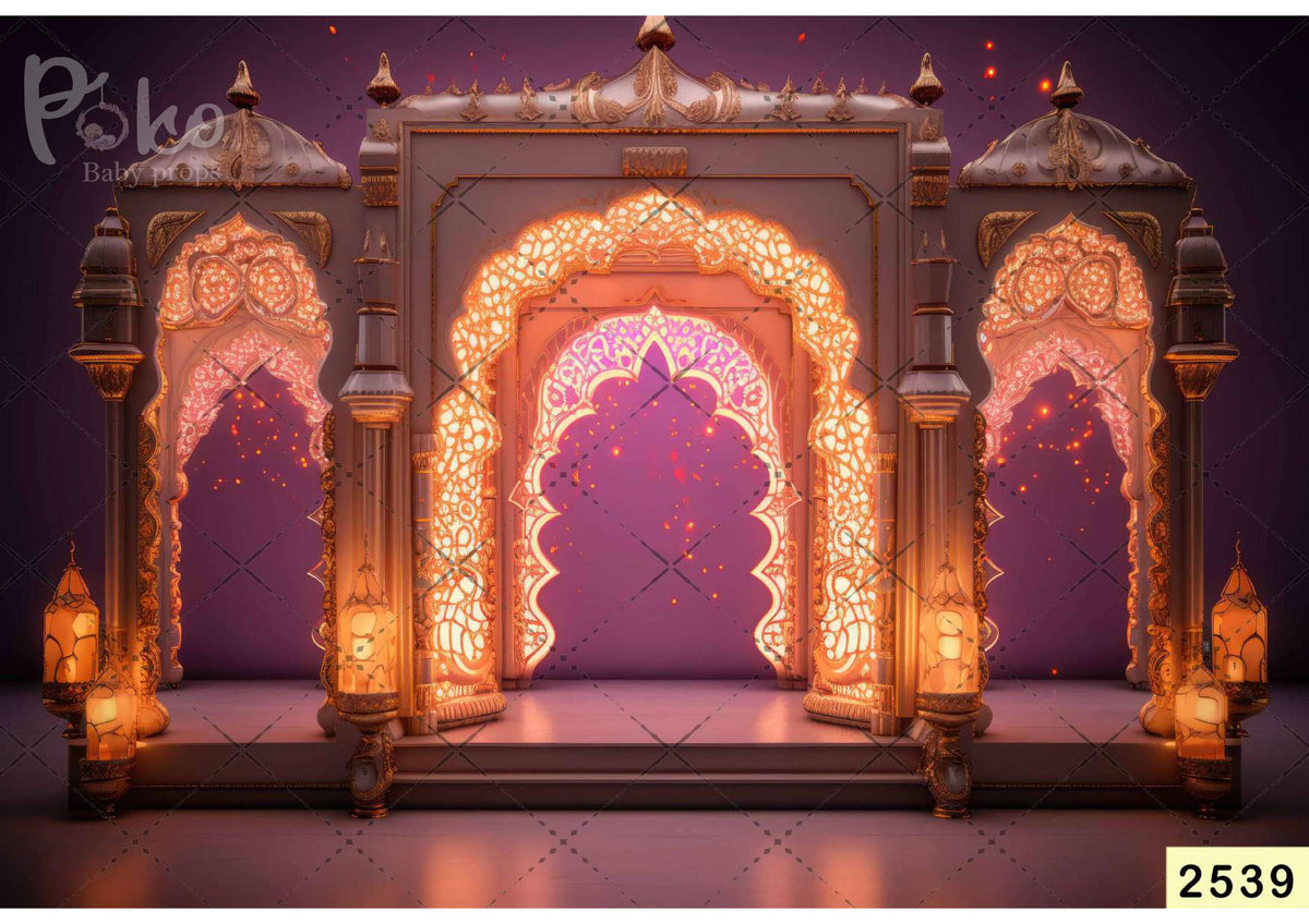 Islamic Purple Entrance Yellow Lamp Backdrop