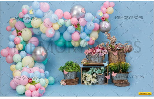 Blue Balloons With Flowers Backdrop