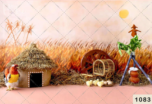 Fabric backdrop-Hen Yard With Village Pongal Backdrop