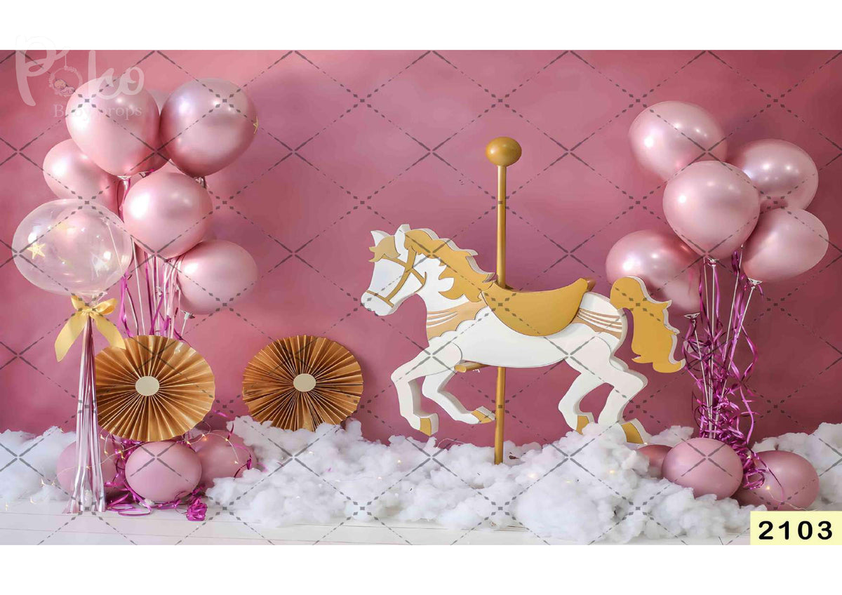 Pink Unicorn With Balloon Backdrop