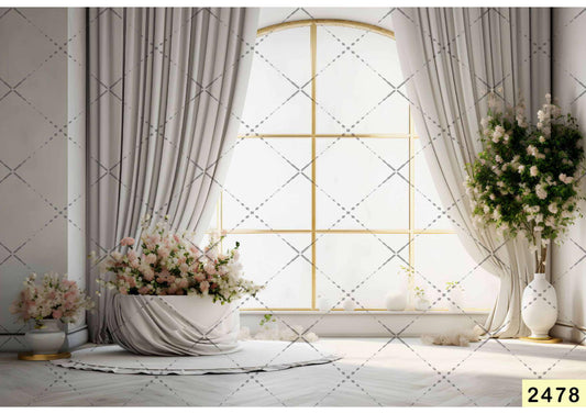 Fabric Backdrop-White Curtain with Window Backdrop