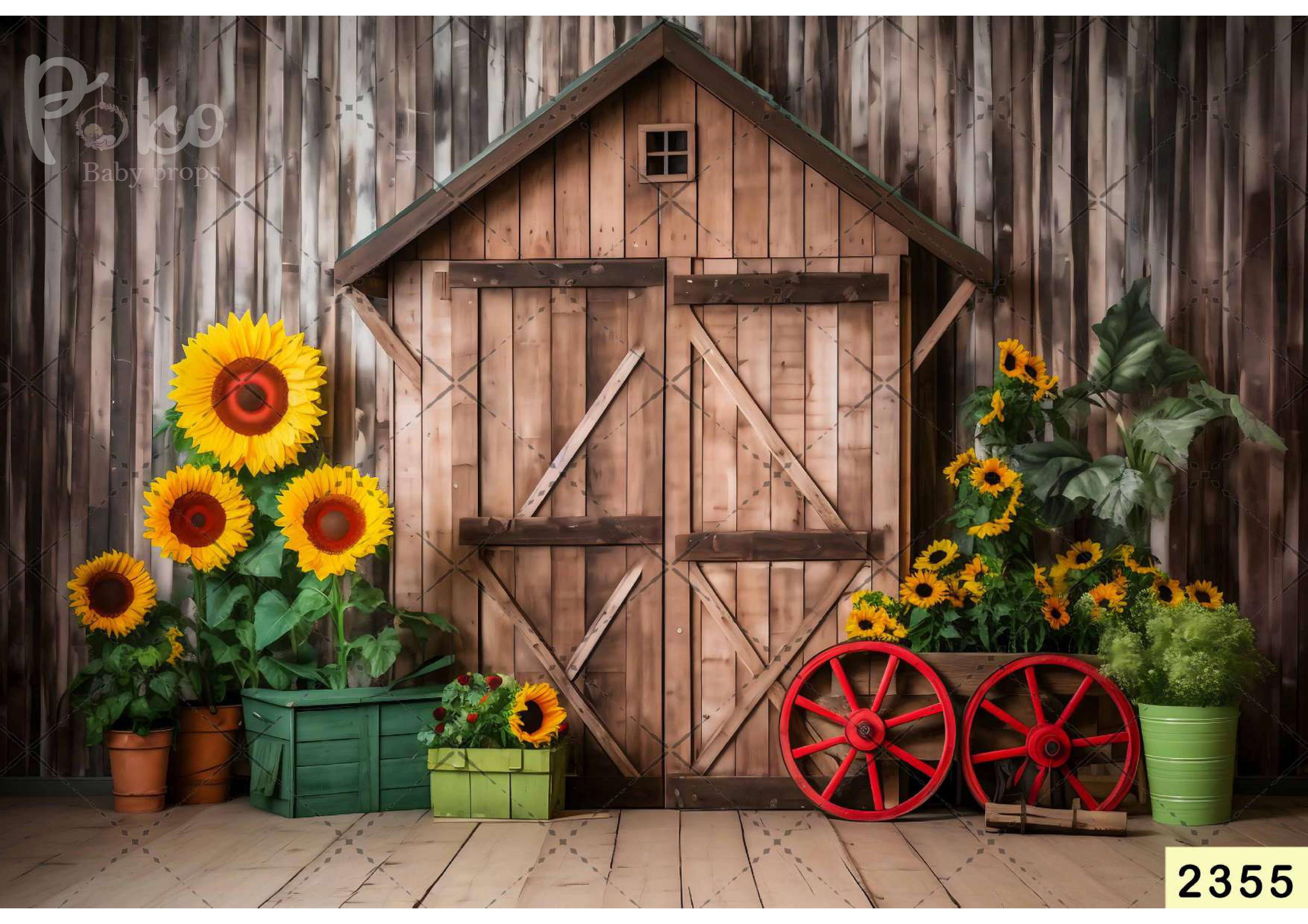 Sunflower With Wooden House Backdrop