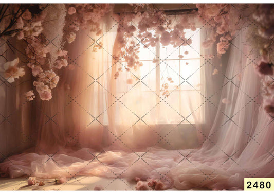 Fabric Backdrop-Peach Flower With Window Backdrop