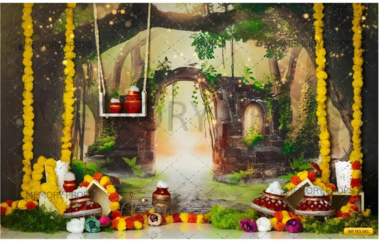 Fabric backdrop-Trees With Flower Decoration Pongal Backdrop