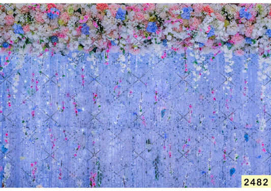 Fabric Backdrop-Blue Wall With Flowers Backdrop