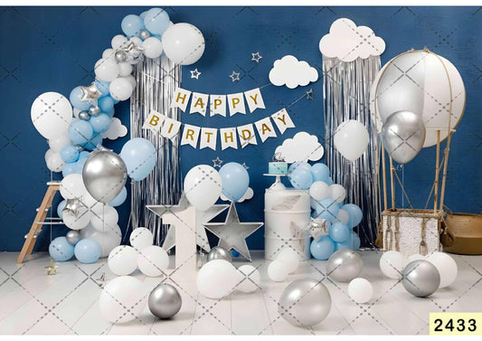 Fabric Backdrop-White Baloon Birthday Backdrop