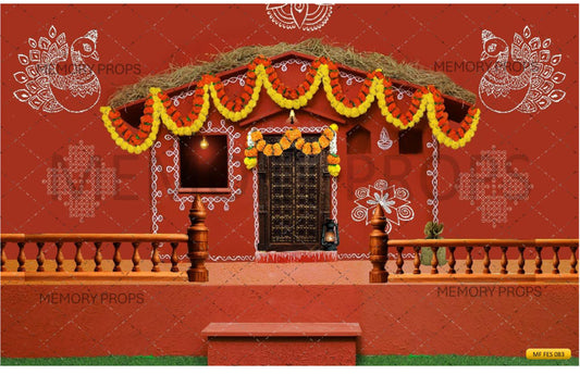 Fabric backdrop-Red Color Pongal Celebration Backdrop