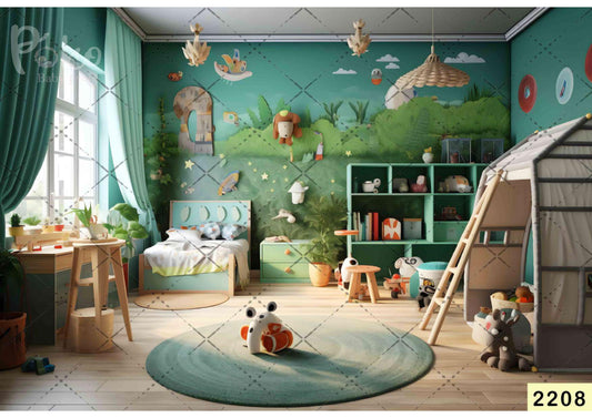 Fabric backdrop-Greenish Jungle Kid Room Backdrop