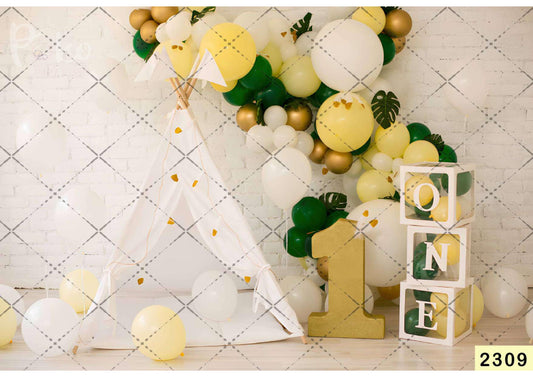 Fabric backdrop-Yellow With Green Balloon Birthday Backdrop