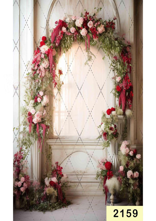 Fabric backdrop-Red And Pink Flower Arch Backdrop