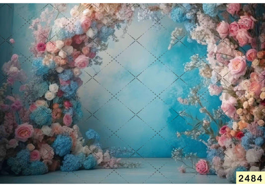 Fabric Backdrop-Light Blue Background with Flowers Backdrop