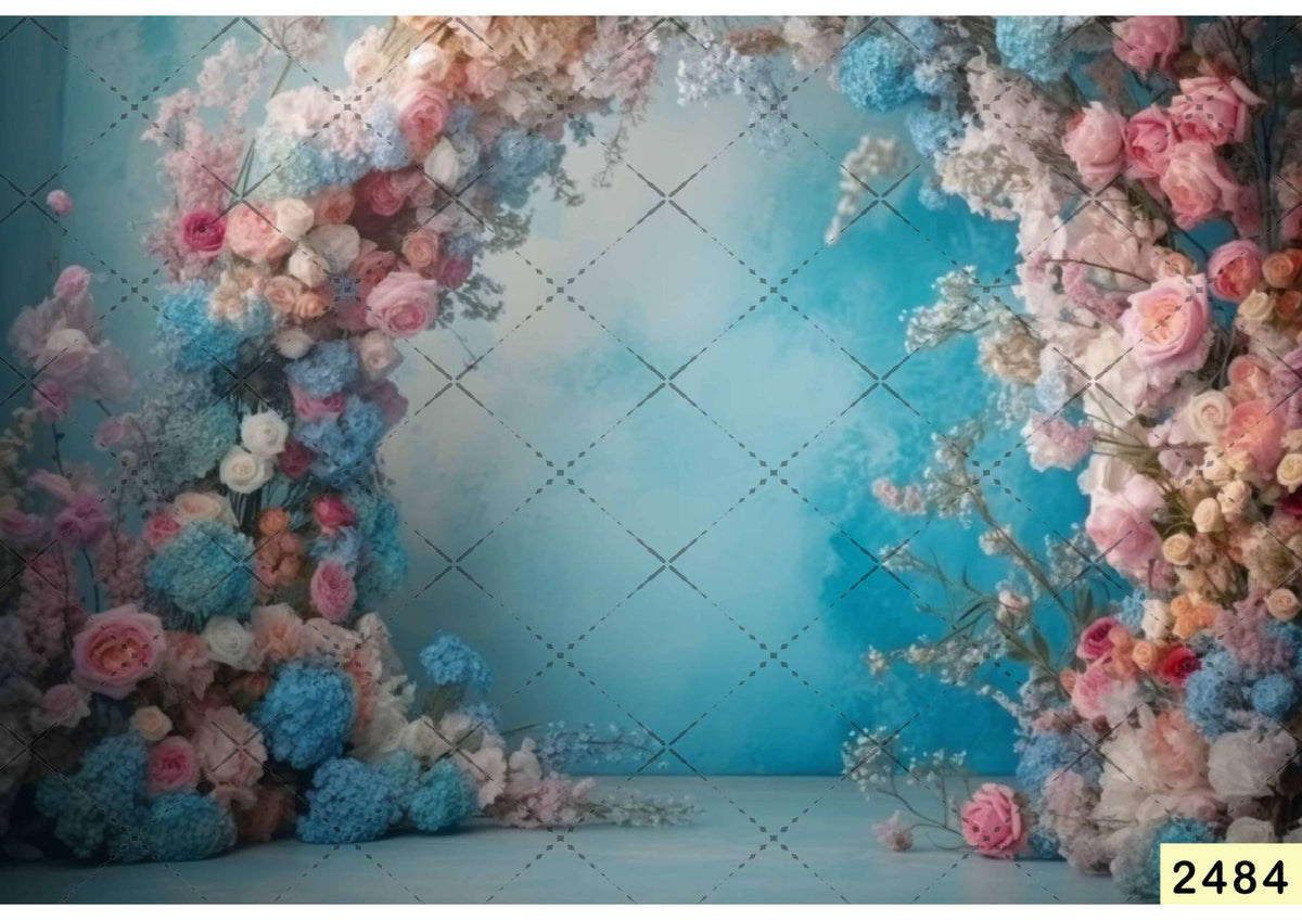 Light Blue Background with Flowers Backdrop