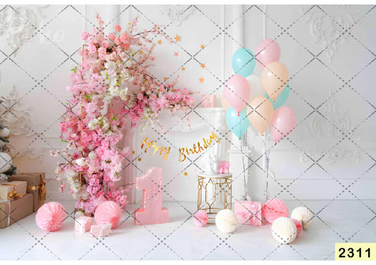 Fabric backdrop-Flowers With Colorful Balloon Backdrop