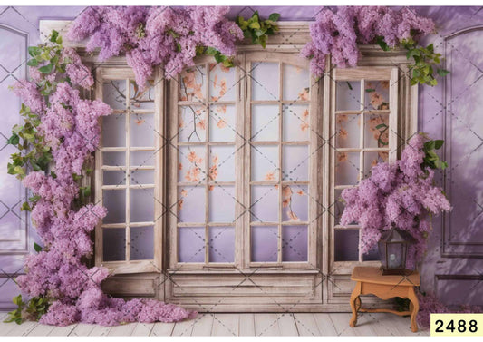 Fabric Backdrop-A window with lilac flowers and a table with a chair  Backdrop