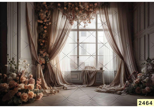 Fabric Backdrop-Window Curtain Flowers Backdrop