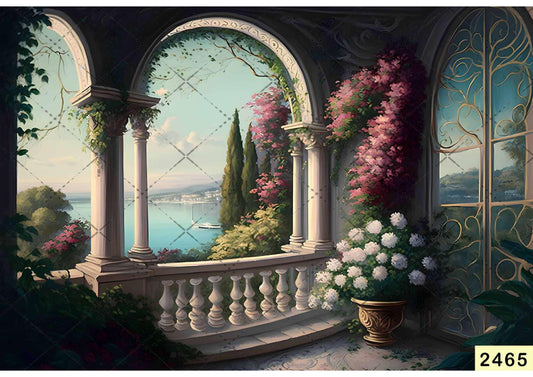 Fabric Backdrop-Balcony Arch Flowers Backdrop