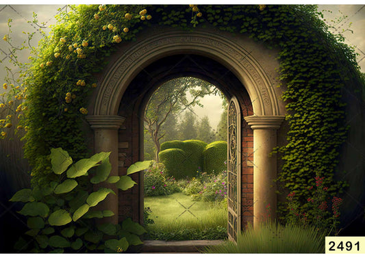 Fabric Backdrop-Foliar Arched Opening With Doorway In Garden Backdrop