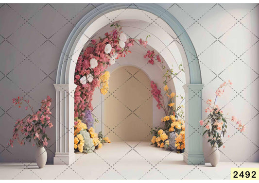 Fabric Backdrop-A Generative Model Room With Flowers And A Pillar Backdrop