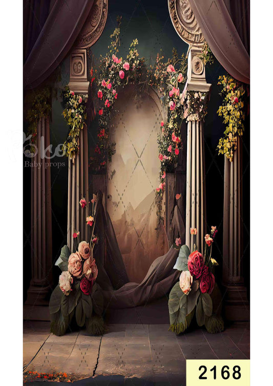 Fabric backdrop-Red Rose With Pillars Backdrop